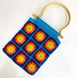 Crochet rainbow granny square bamboo purse turquoise Festival Bag